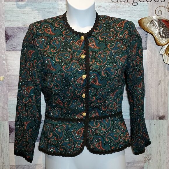 Vintage Patty O'Neil Dark Paisley Braid Trim Button Fancy Blouse Librarian Geek - Picture 1 of 8